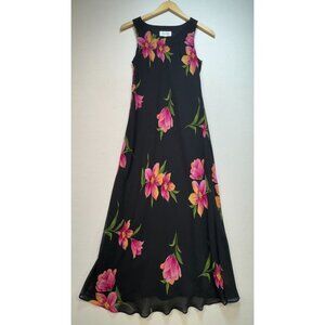 Studio I Women's Tank Maxi Dress Summer Size 8 Black Pink Floral Y2K Fairy